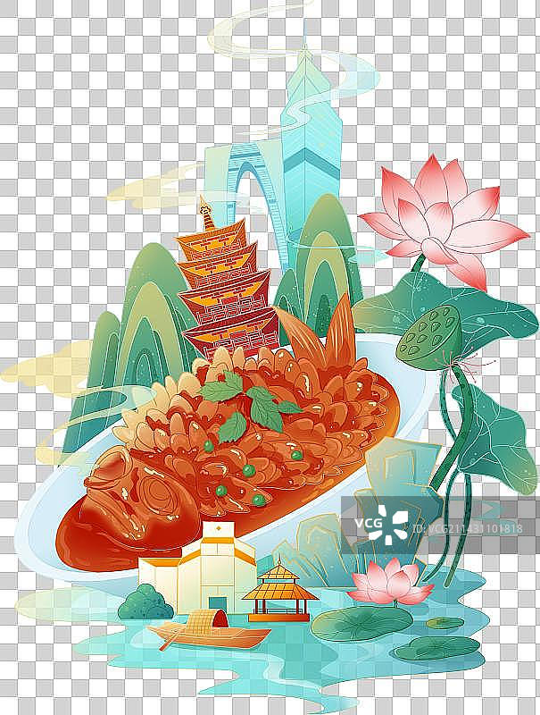 苏州城市印象美食松鼠桂鱼手绘插画免抠元素图片素材