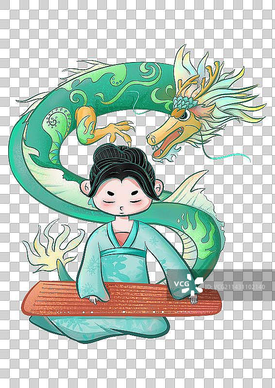 弹琴舞龙的少女图片素材