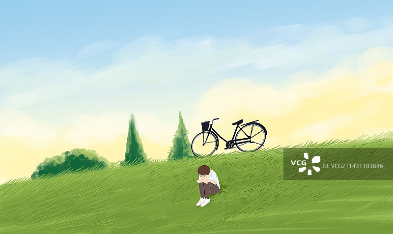 文艺小清新浪漫孤独户外男孩夏天夏季草地温馨小说配图插画图片素材