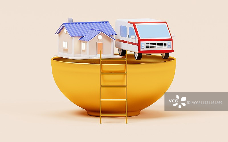 金饭碗与房产汽车三维渲染图片素材