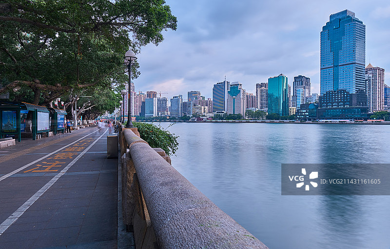 广州珠江滨江林荫路与城市高楼建筑群图片素材