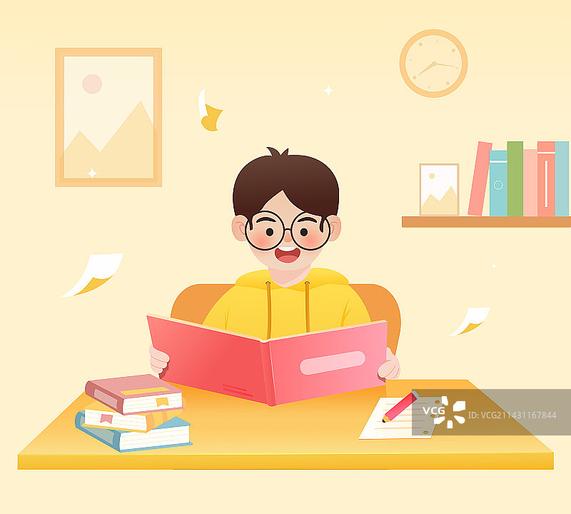 可爱的小男孩在看书插画图片素材