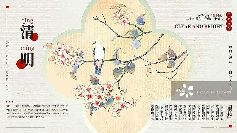 国风手绘二十四节气花卉植物海报之清明梧桐花图片素材