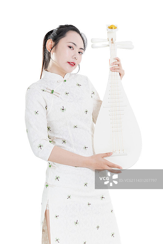 穿着白色旗袍抱着琵琶的中国少女肖像图片素材