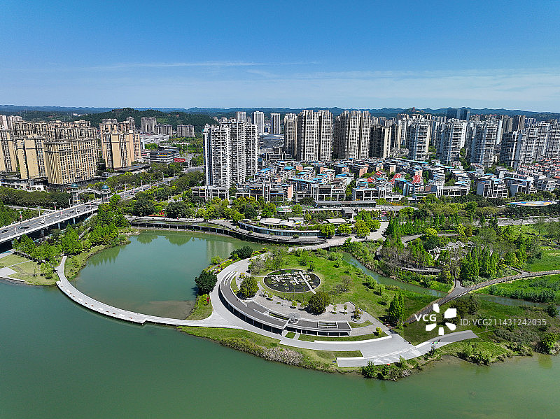 四川省遂宁市九莲洲生态湿地公园观音湖五彩缤纷湿地公园航拍图片素材