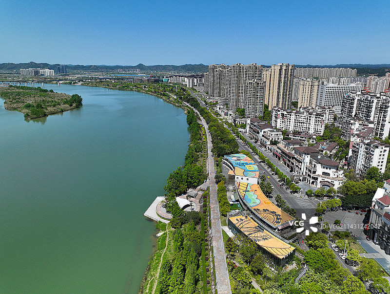 四川省遂宁市九莲洲生态湿地公园观音湖五彩缤纷湿地公园航拍图片素材