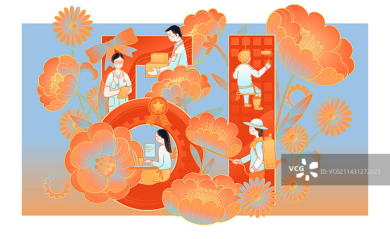 五一劳动节花卉人物劳动描边风创意插画图片素材