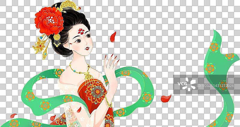 中国风唐朝皇妃美人牡丹花纹样国潮插画图片素材