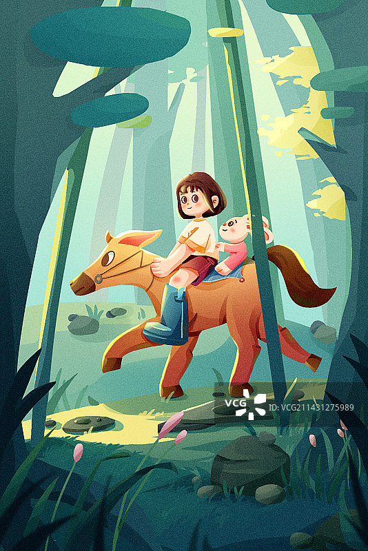 森林女孩骑马散步插画图片素材