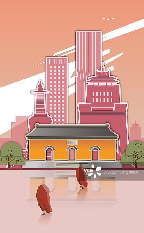 江苏扬州城市地标建筑旅游景点大明寺插画图片素材