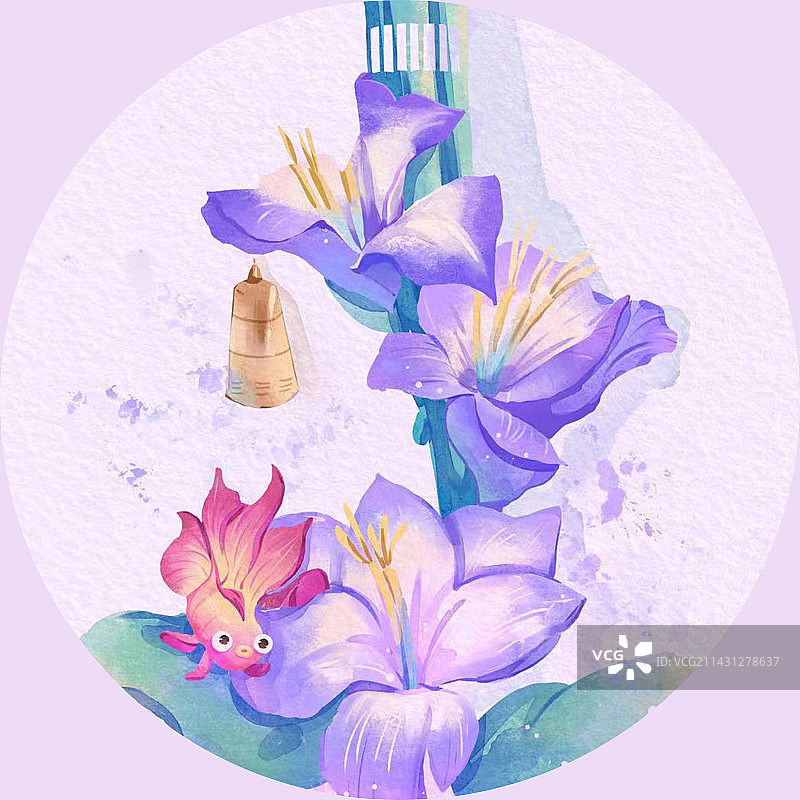 鱼在花中游水彩插画图片素材