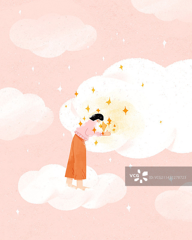 一个女孩拥抱一朵云睡觉做梦图片素材