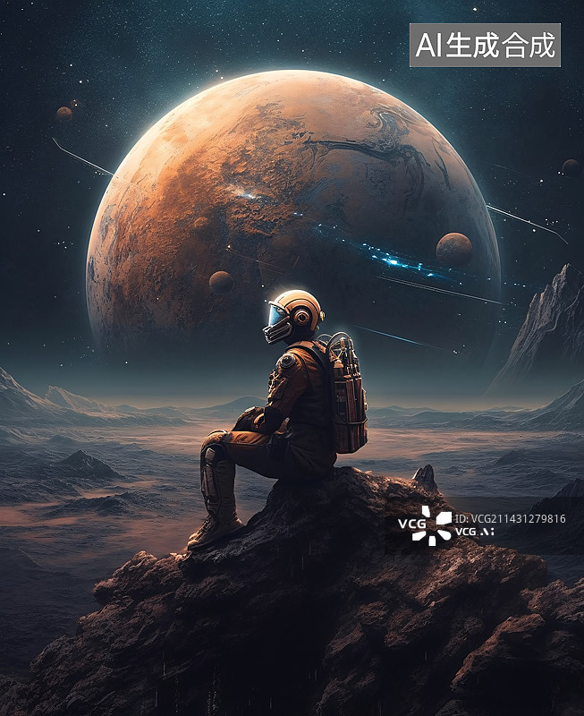 【AI数字艺术】坐在岩石眺望的宇航员图片素材