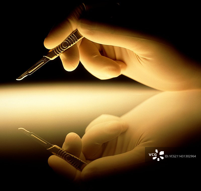 戴手套的手握着手术刀图片素材