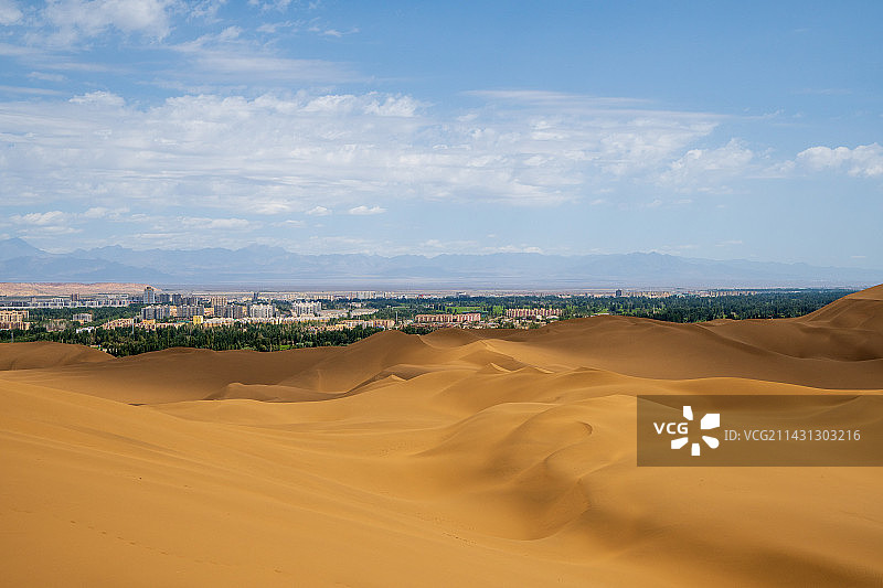 新疆塔克拉玛干沙漠，沙漠绿洲图片素材