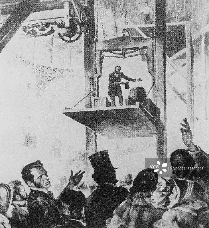 伊莱沙·格雷夫斯·奥的斯展示他的安全升降机图片素材