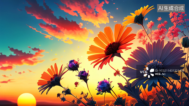 【AI数字艺术】山野夕阳火烧云照耀的野菊花图片素材