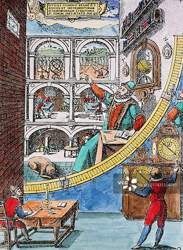 第谷壁式象限仪的彩色雕刻图片素材