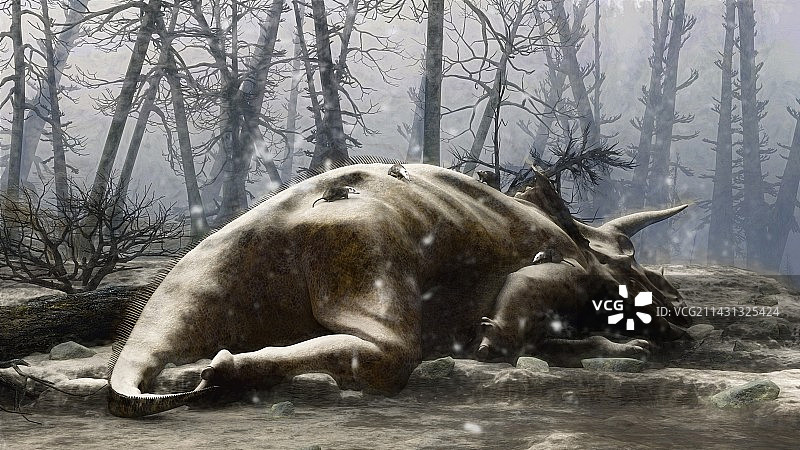 小行星撞击后的死亡三角龙场景图片素材