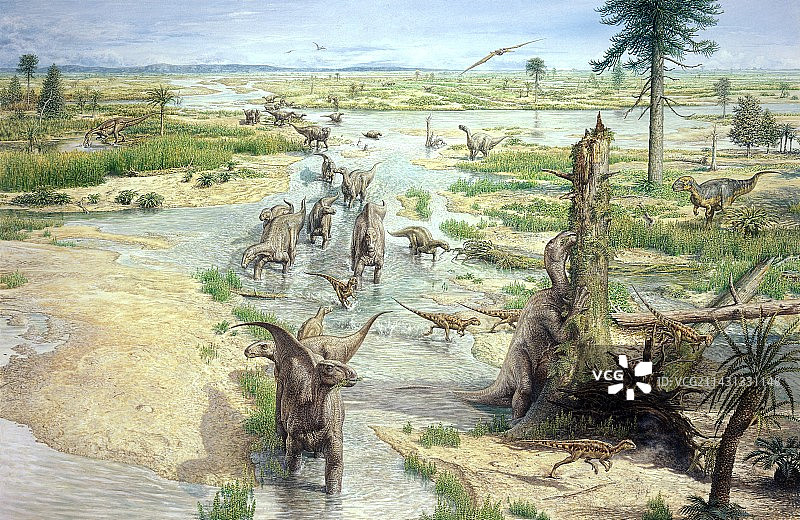 中生代景观与恐龙插画图片素材