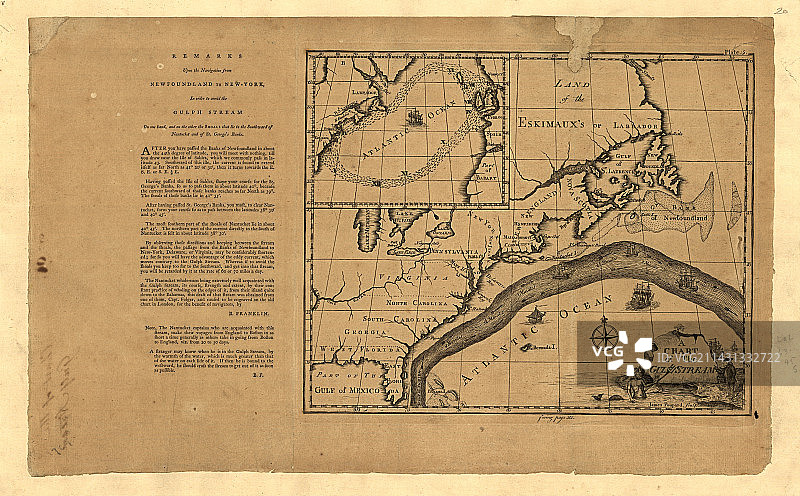 1786年富兰克林绘制的墨西哥湾暖流地图图片素材