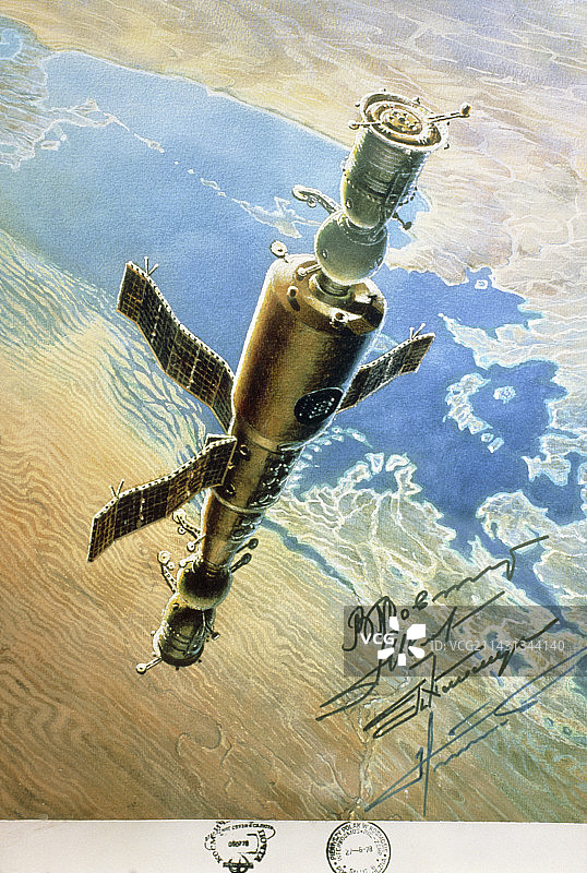 礼炮6号空间站在拜科努尔航天发射场上空的绘画图片素材