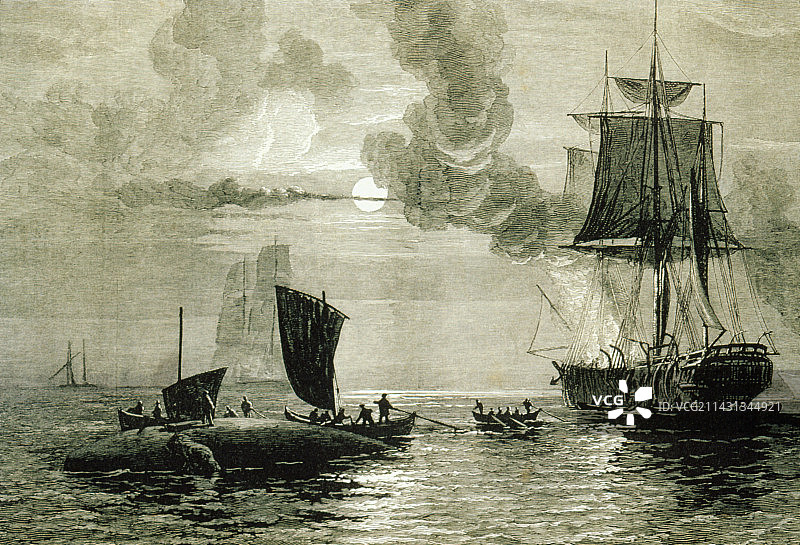 船只在死鲸旁边煮鲸脂图片素材