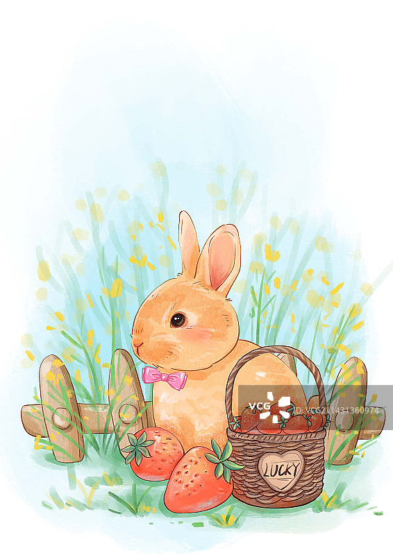 水彩兔子草莓手绘插画图片素材