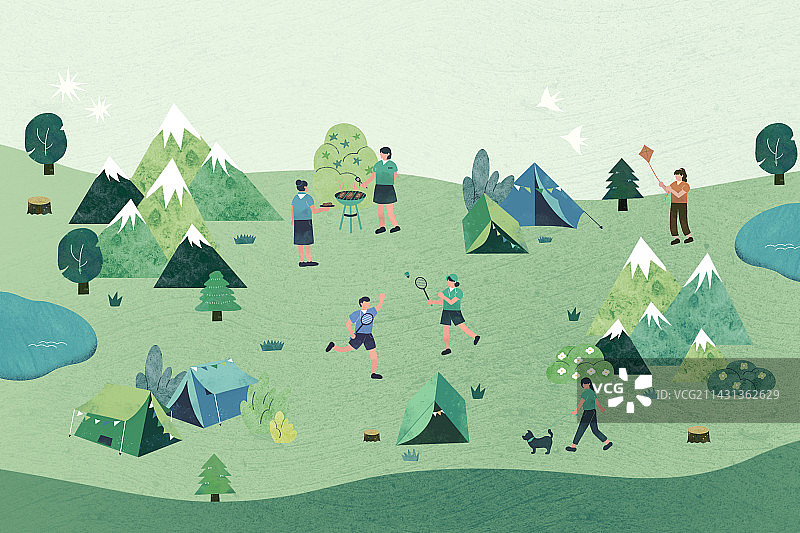 户外露营活动肌理插画横图图片素材