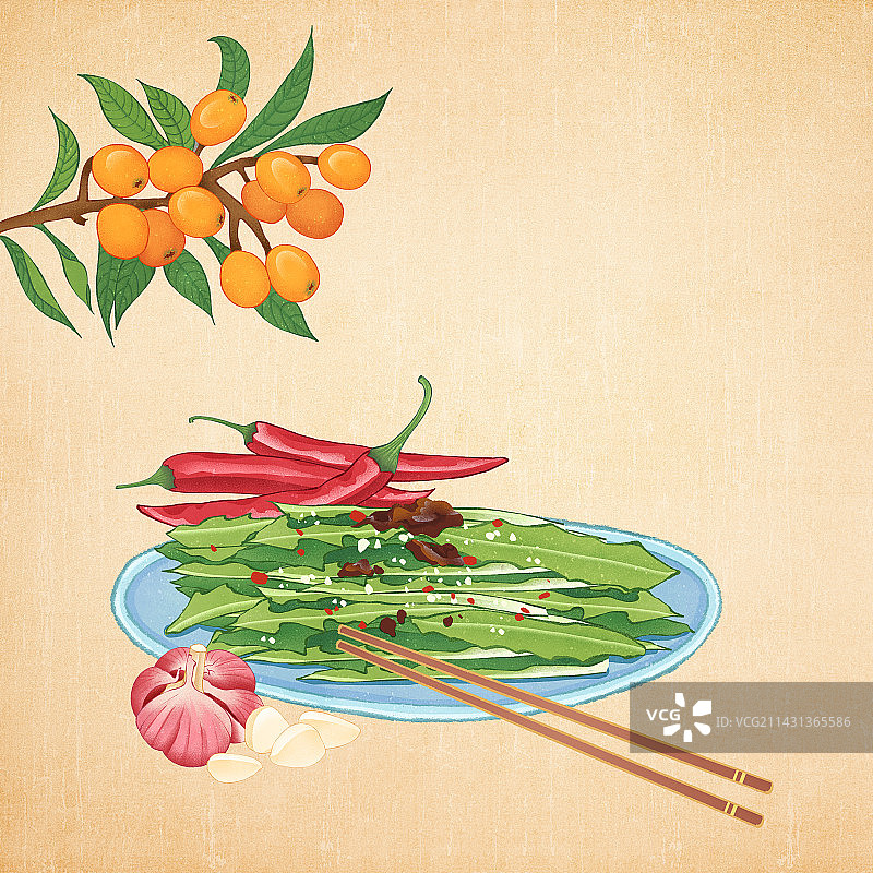 二十四节气之小满美食枇杷凉拌苦菜插画图片素材