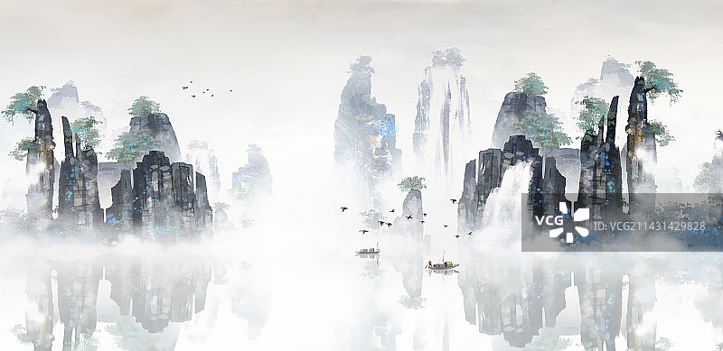 张家界水墨意境山水画中国风山水背景图片素材