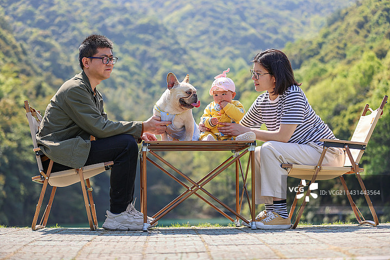 一家三口和宠物狗在户外露营图片素材