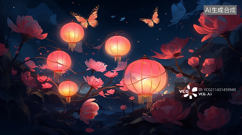 【AI数字艺术】水彩中国风夜晚场景插画图片素材