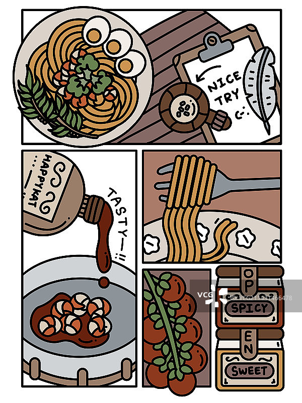 美食分镜插画西兰花虾仁意面图片素材