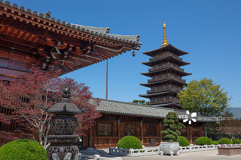 上海罗店宝山寺仿唐风格红花梨木结构建筑，山门屋檐舒展，转角斗拱特写与祇园方形金塔，金色塔刹醒目图片素材