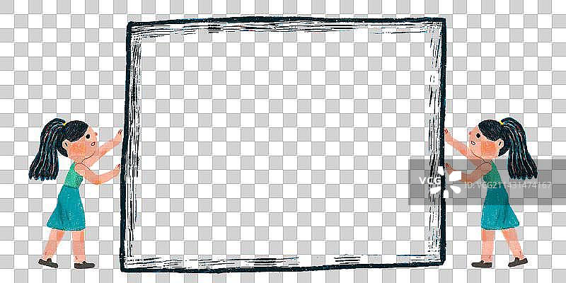 儿童左右支撑着举着空白的方形画板黑边框图片素材