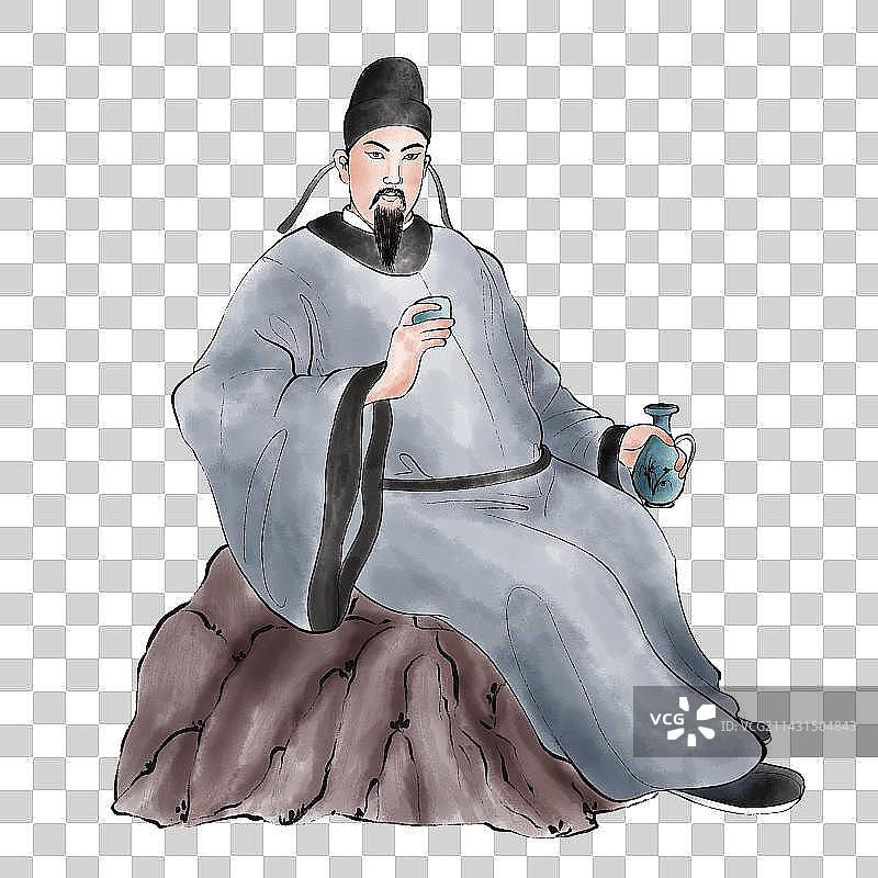 水墨风诗仙李白坐在石头上喝酒图片素材