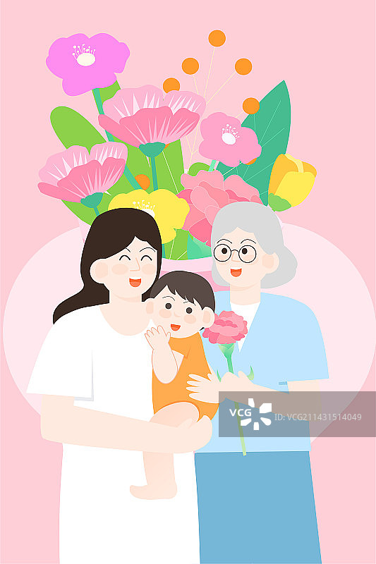 一个母亲拥抱婴儿站在花丛中图片素材