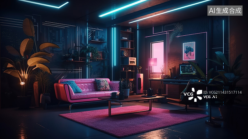 【AI数字艺术】赛博朋克风格室内场景图片素材