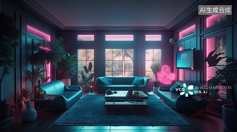 【AI数字艺术】赛博朋克风格室内场景图片素材