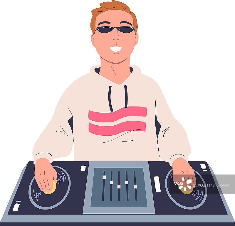 快乐的男性俱乐部DJ在调音台上播放现代音乐图片素材