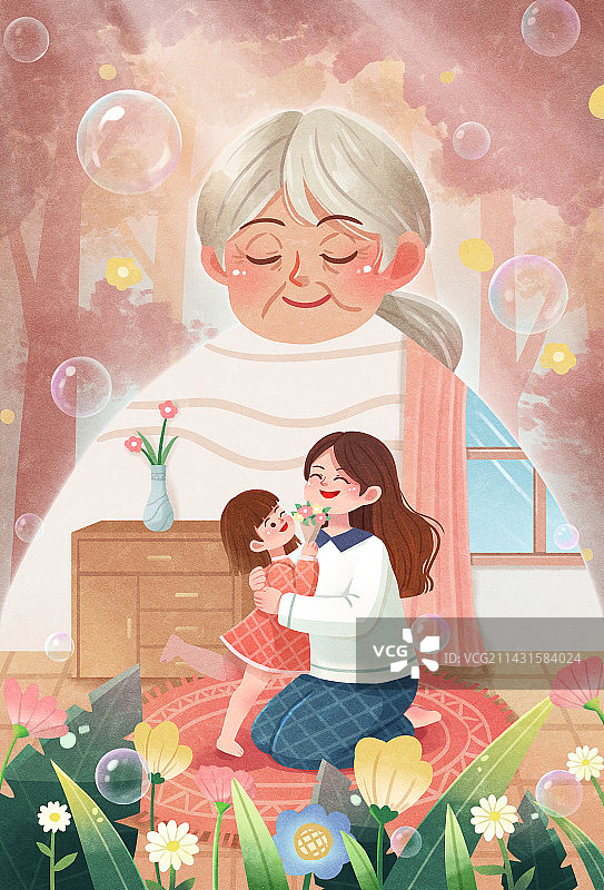 手绘母亲节外婆母女花卉亲情温馨插画图片素材