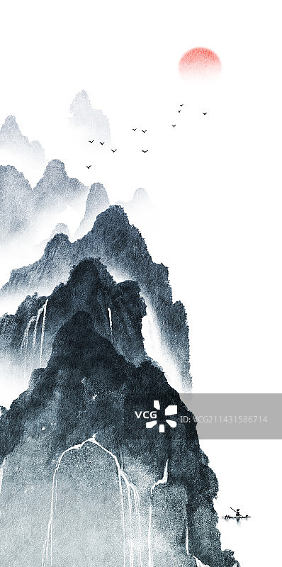 新中式风格水墨山水风景插画图片素材