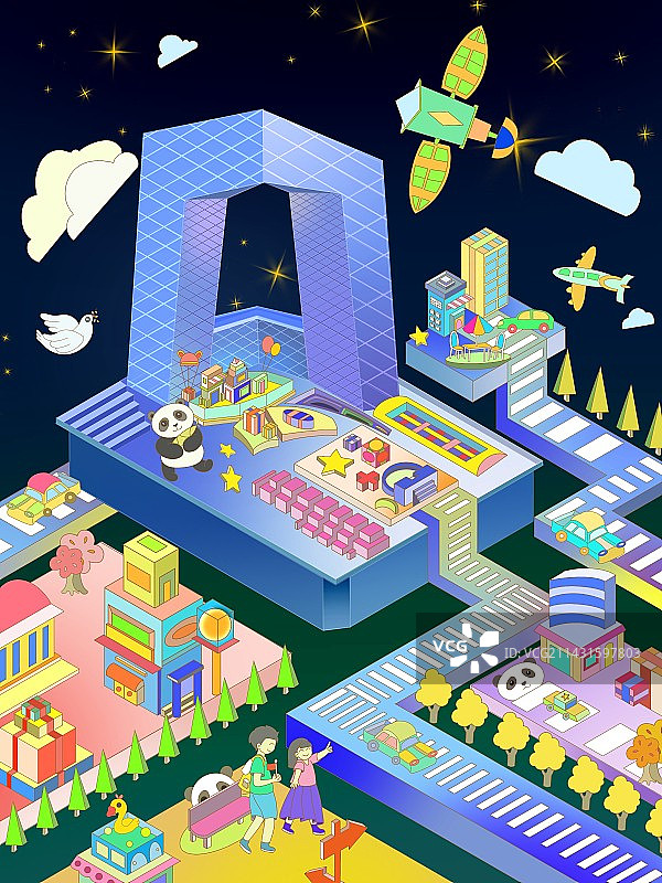 2.5D插画北京电视台商业可爱风插画图片素材