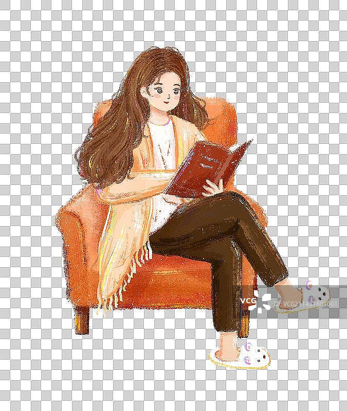 坐在沙发上看书的女孩元素图片素材