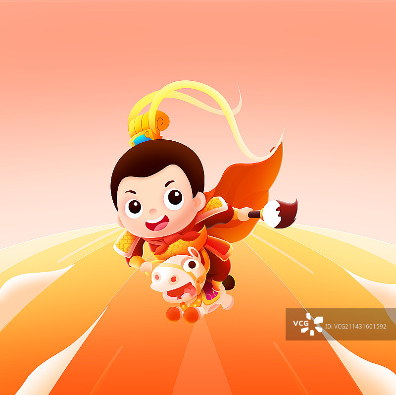 卡通儿童小将军战将一骑绝尘插画图片素材