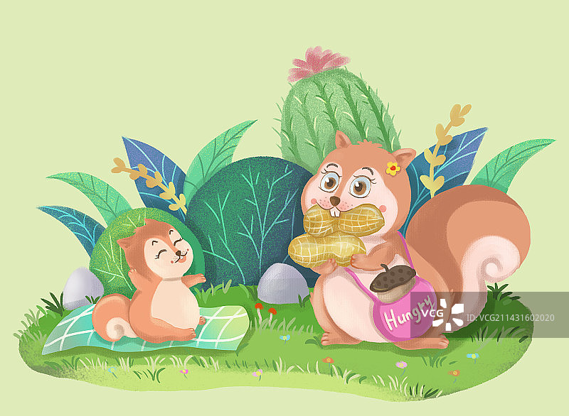 儿童插画爱吃花生的松鼠宝宝和妈妈的爱图片素材