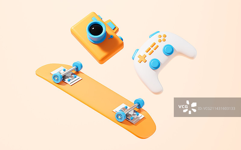 卡通相机与滑板3D渲染图片素材