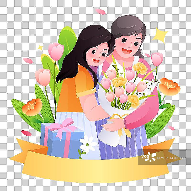 浪漫母亲节母女拥抱浪漫插画图片素材