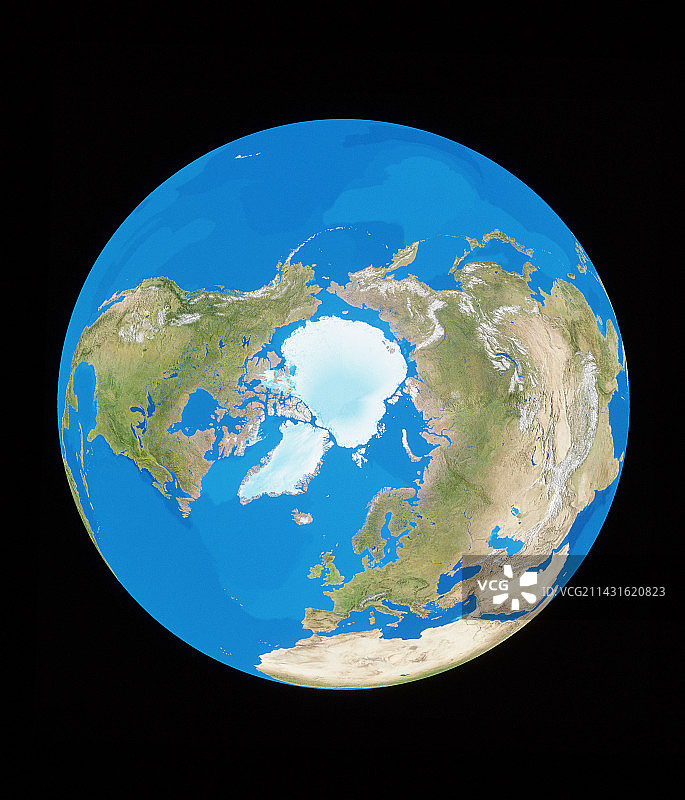 以北极地区为中心的地球卫星视图图片素材